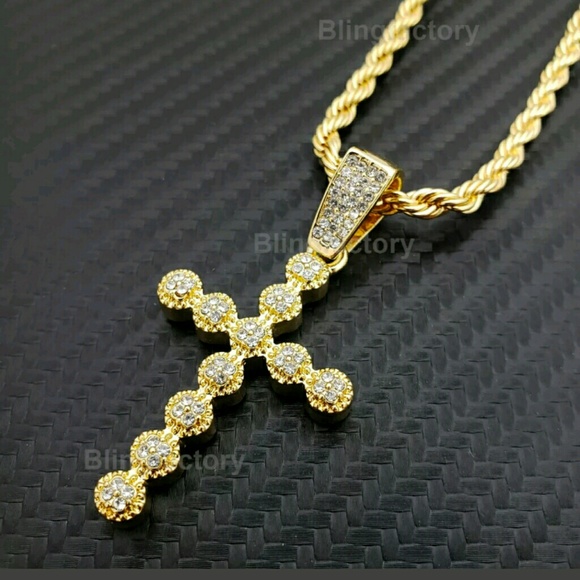Hip Hop Iced out Bubble style Cross Pendant & 4mm - Picture 2 of 4